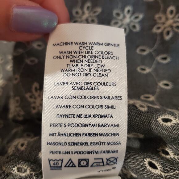 Ralph Lauren Chaps Sheer Eyelet 3/4 Sleeve Peasant Top Size L Tie Neck Cottage - Picture 9 of 11